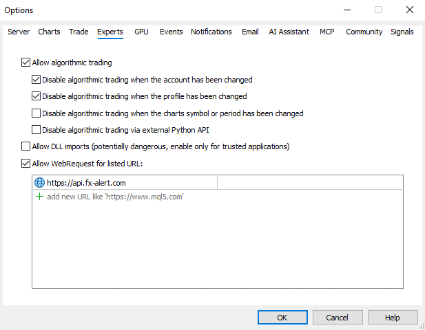 MetaTrader 5 Options window, Experts tab, with https://api.fx-alert.com added to the allowed URL list