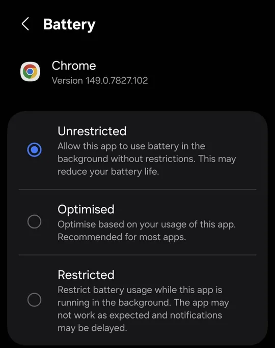 Chrome battery setting set to Unrestricted
