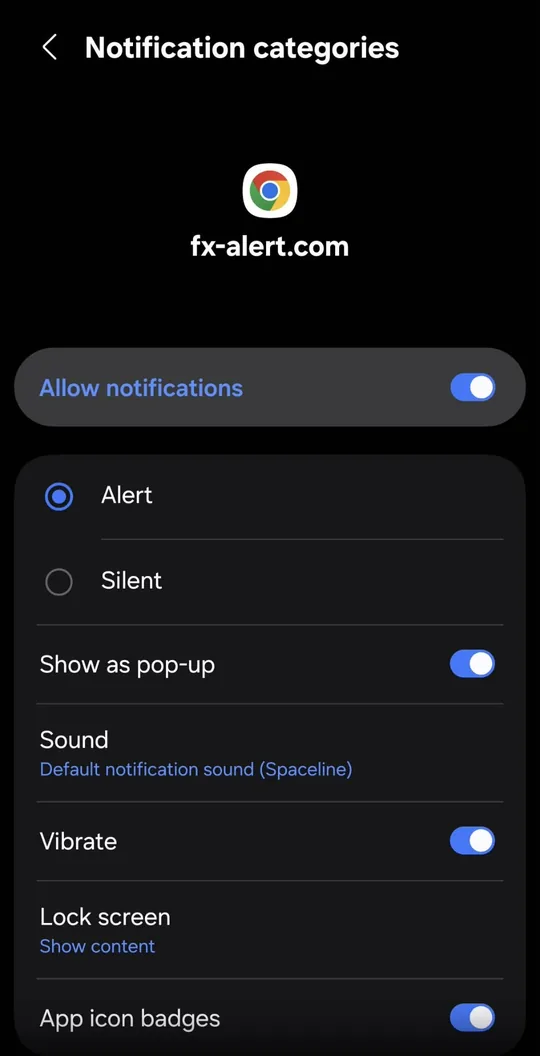 Notification settings for fx-alert.com on Android