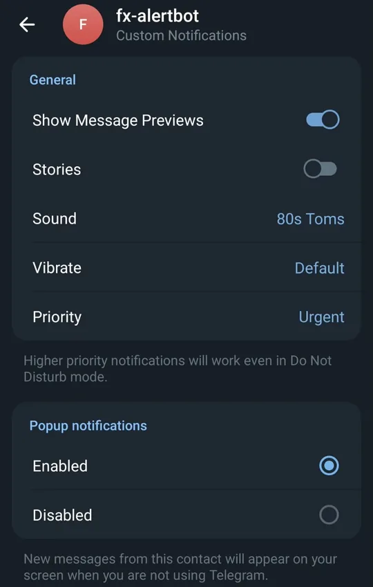 Telegram custom notifications for the fx-alert bot