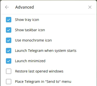 Telegram Desktop Advanced settings with launch at startup and launch minimized ticked