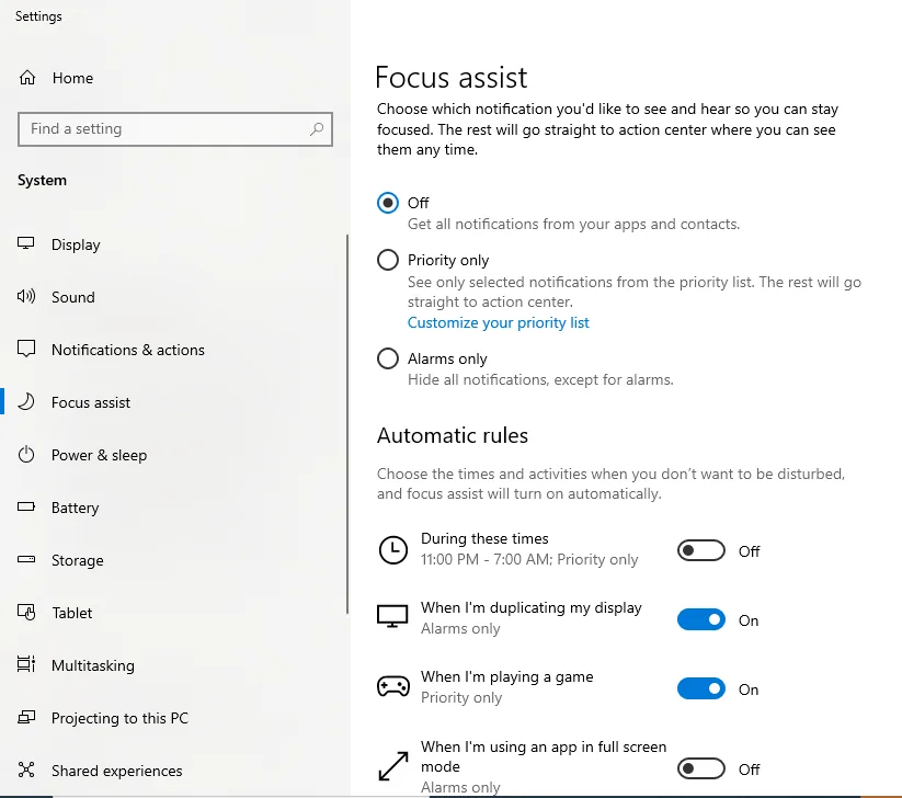 Windows Focus assist turned off, full screen rule off